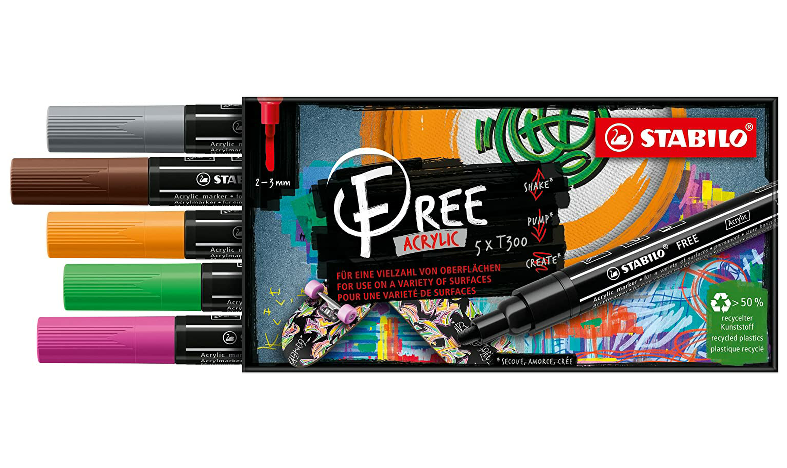 Acrylic Marker - STABILO FREE Acrylic - T800C 4-10 mm Bullet Tip - Bold -  Wallet of 5 - Assorted colours