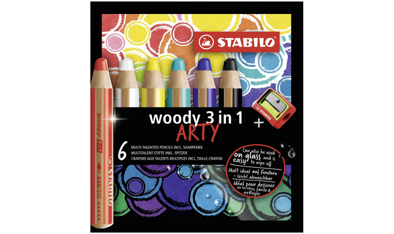 STABILO WOODY 3 in 1 MULTI TALENTED SUPER JUMBO PENCILS WALLET OF 6  ASSORTED COLOURS